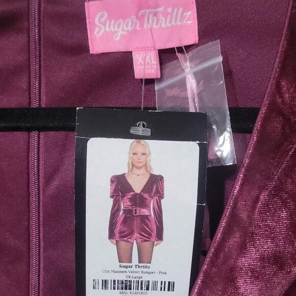 Sugar Thrillz pink velvet Velour romper with belt, xxl, NWTs. - Picture 3 of 5